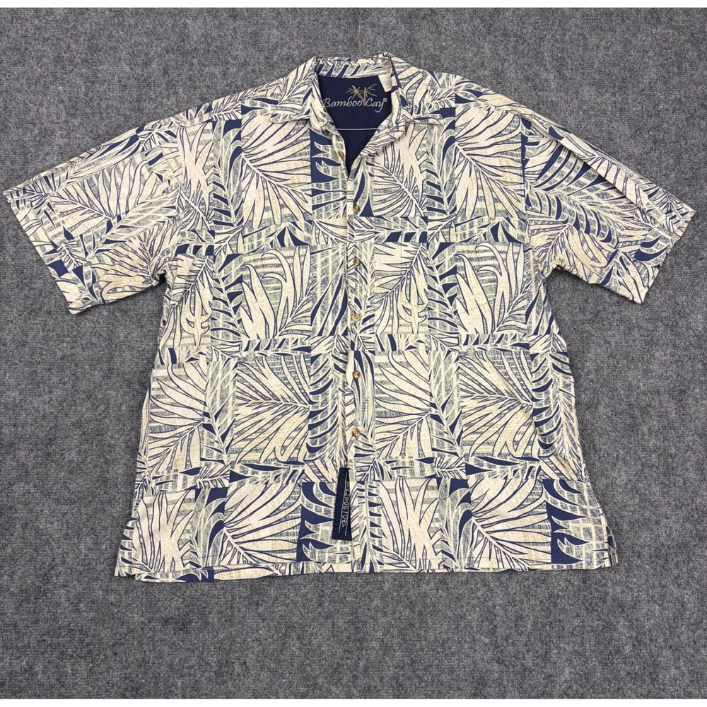 Bamboo Cay Mens Large Cotton Lawn Tropical Palm Leaf Button Down Shirt Navy Blue